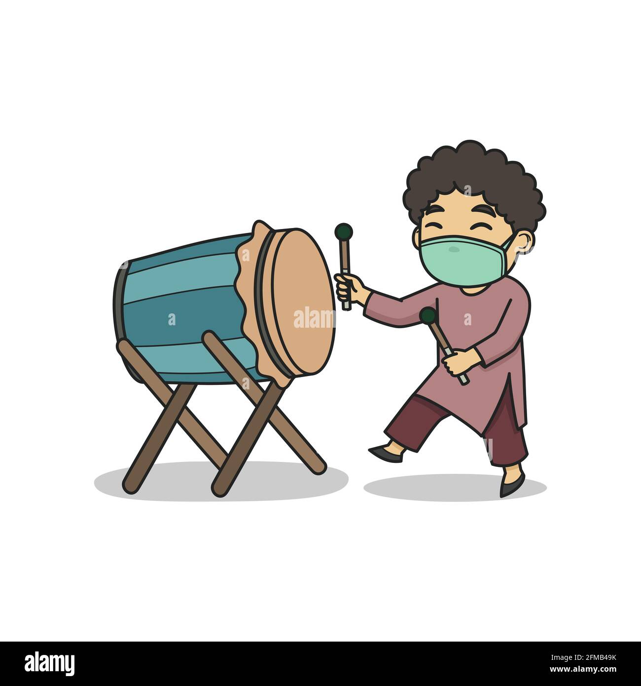 Curly Boy Character Play Mosque Drum and Wearing a Face Mask. Vector Illustration. Children Book. Stock Vector