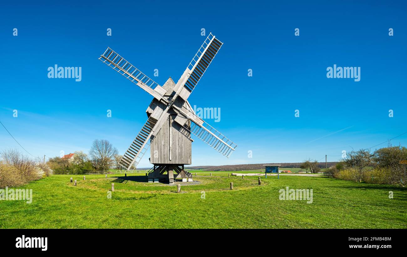 Germany, Thuringia, Krippendorf near Jena, post mill in spring Stock Photo