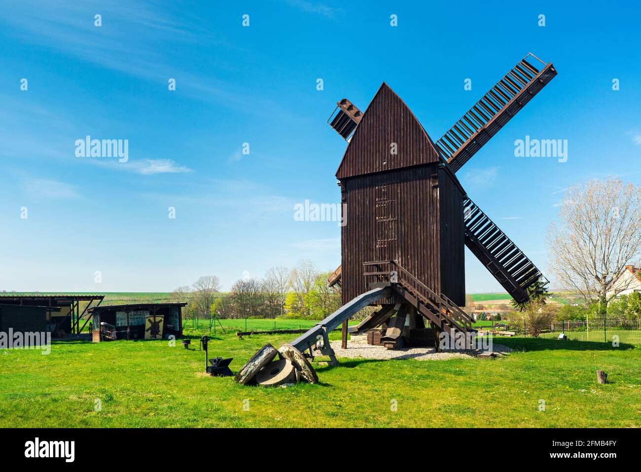Germany, Saxony-Anhalt, Polleben, post mill in spring Stock Photo