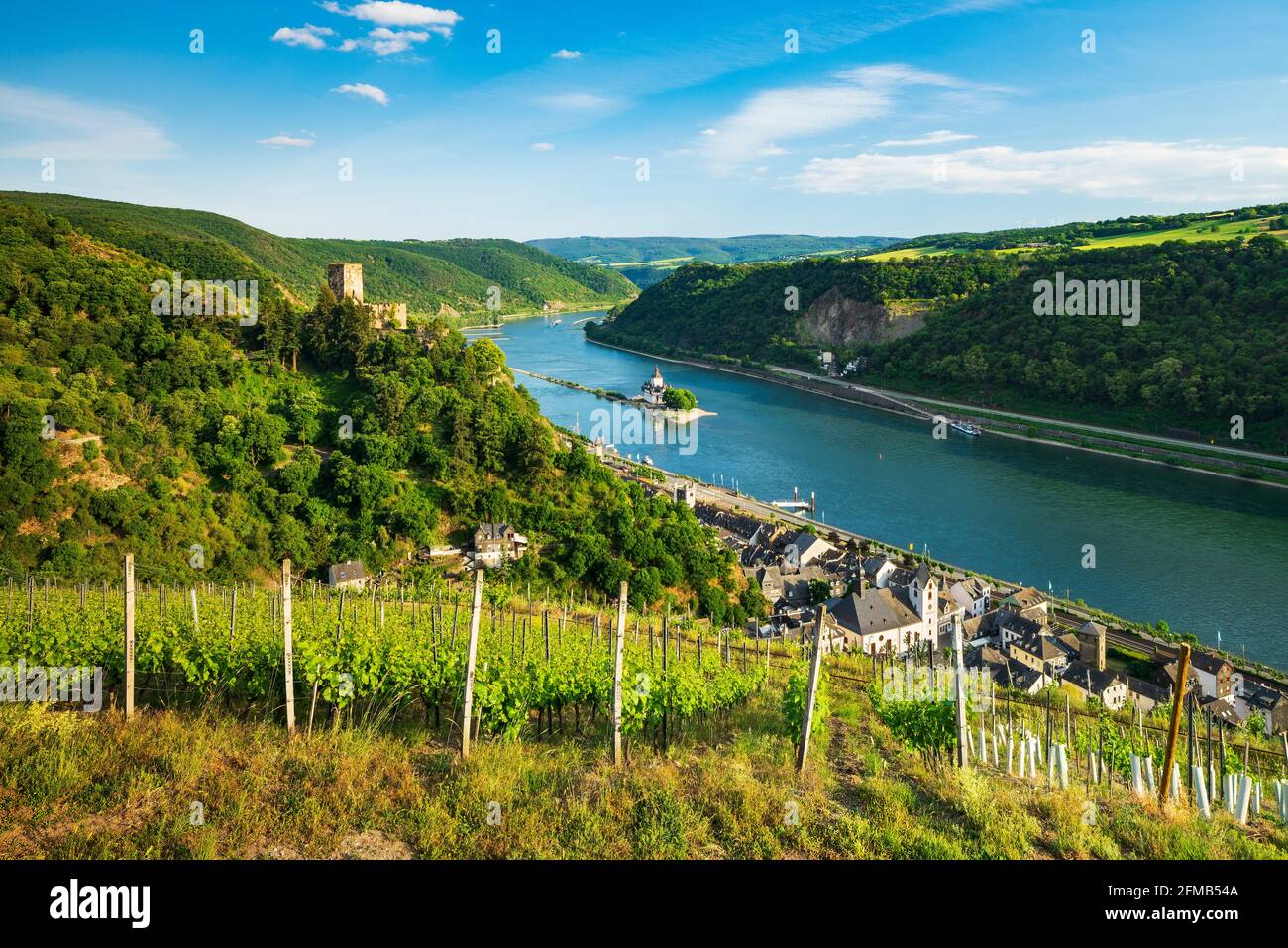 Germany, Rhineland-Palatinate, Kaub, World Heritage Upper Middle Rhine Valley, view of Gutenfels Castle on the Rhine, Pfalzgrafenstein Castle in the back Stock Photo