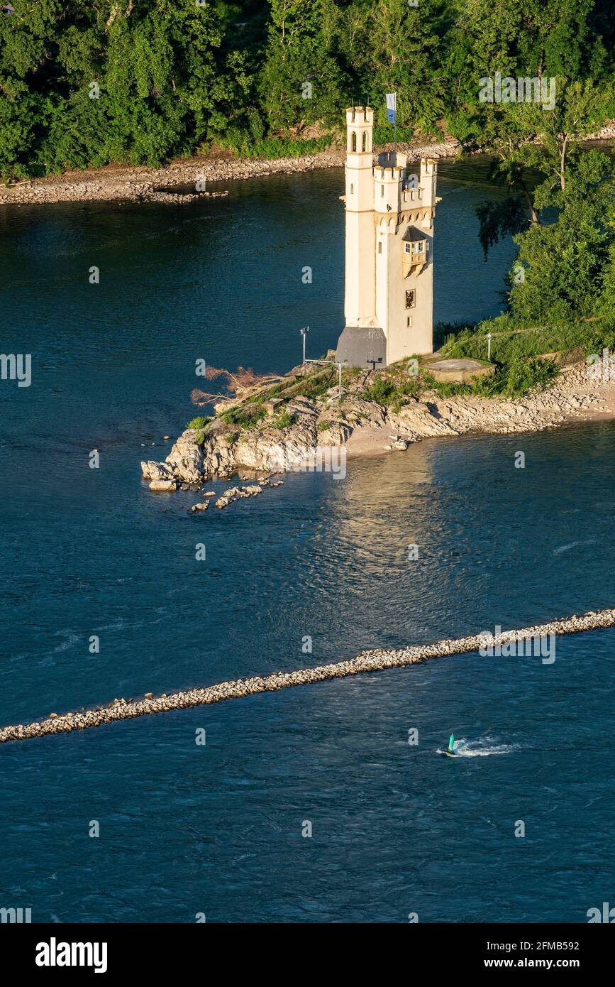 Germany, Hesse, Rheingau, Rüdesheim, Assmannshausen, view of the Mouse Tower in the Rhine near Bingen, World Heritage Upper Middle Rhine Valley Stock Photo