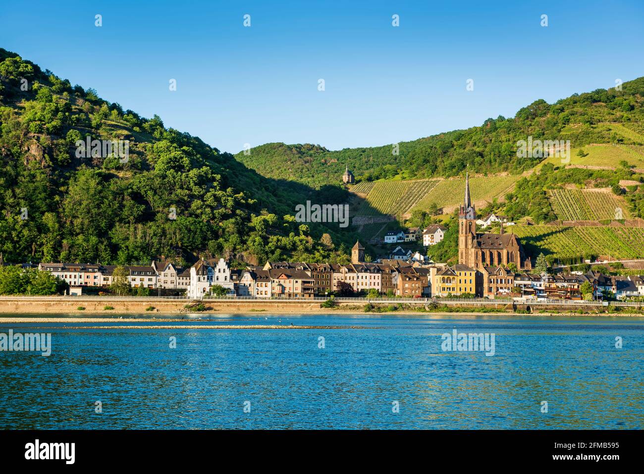 Germany, Rhineland-Palatinate, Bacharach, World Heritage Upper Middle Rhine Valley, view over the Rhine to Lorchhausen Stock Photo