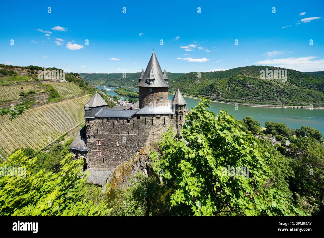 Germany, Rhineland-Palatinate, Bacharach, World Heritage Upper Middle Rhine Valley, view of the Rhine with Stahleck Castle Stock Photo