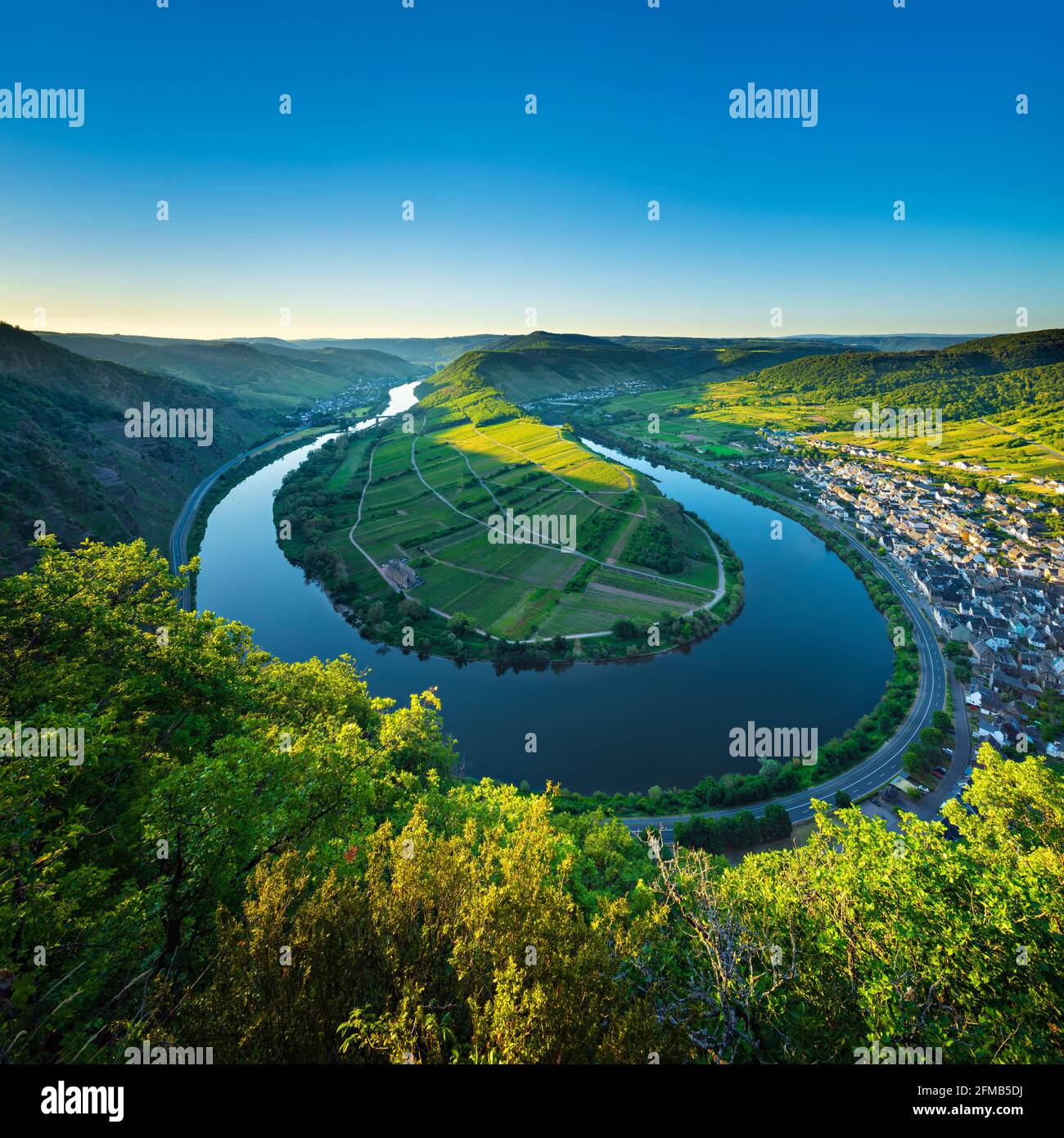Germany, Rhineland-Palatinate, Moselle Valley, Bremm, Moselle loop in the first morning light Stock Photo