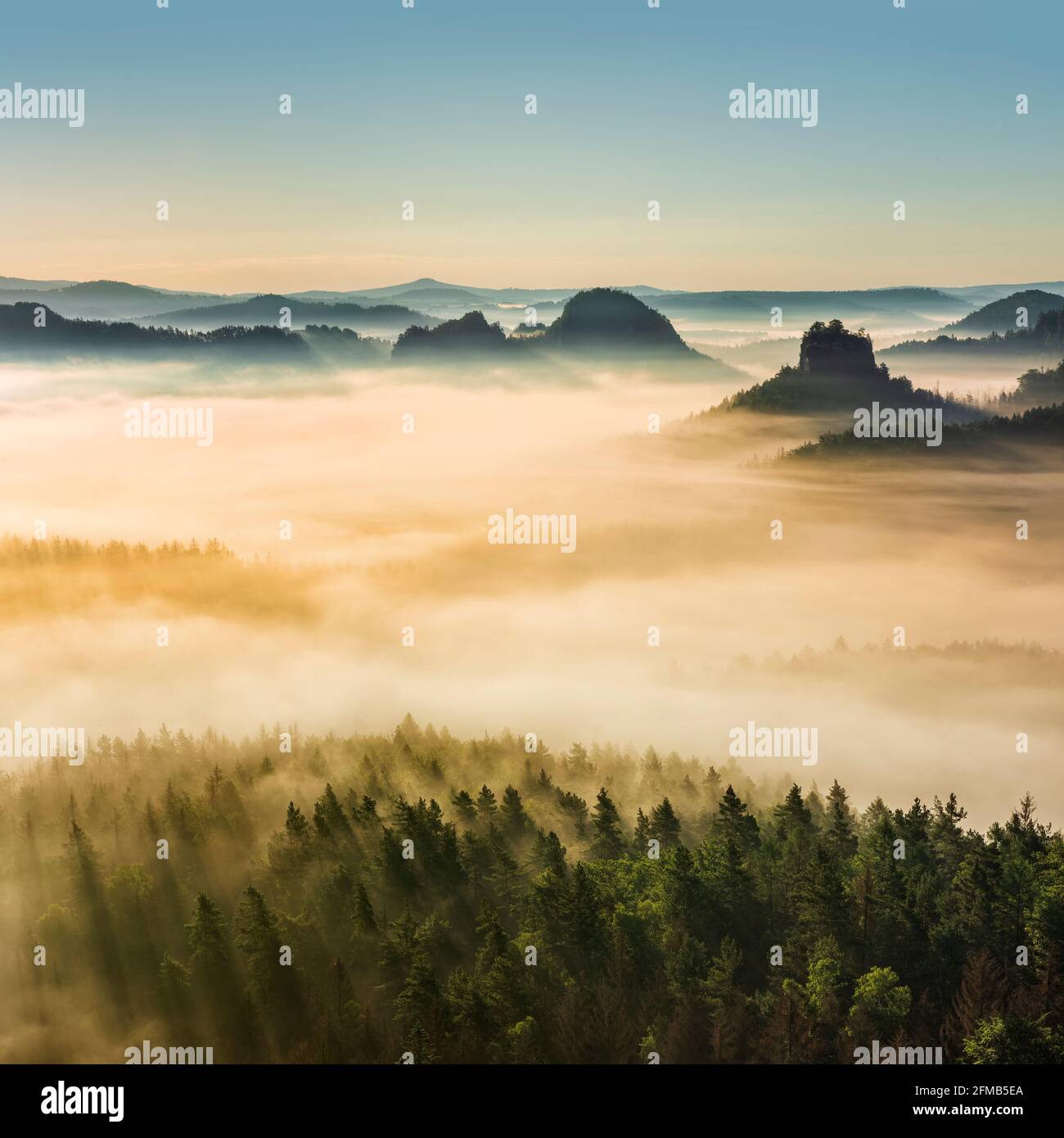 Morning mood in the Elbe Sandstone Mountains, view of Lorenzsteine and Hinteres Raubschloss or Winterstein, fog in the valley, Saxon Switzerland National Park, Saxony, Germany Stock Photo