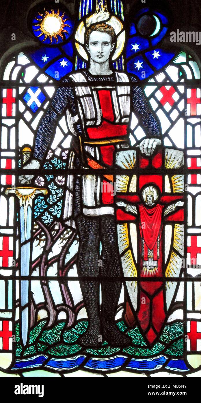 St. George, stained glass window 1920, by Karl Parsons, Arts and Crafts style, memorial window to Capt. Frank Beck, West Newton, Norfolk Stock Photo