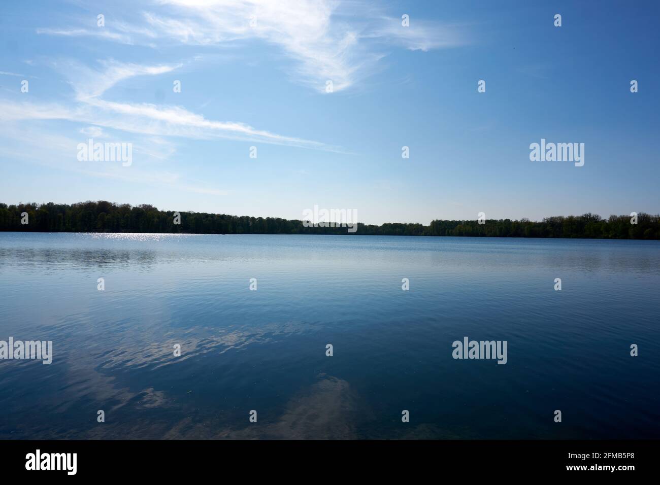 Calm lake under the blue sky with trees in the background Stock Photo ...