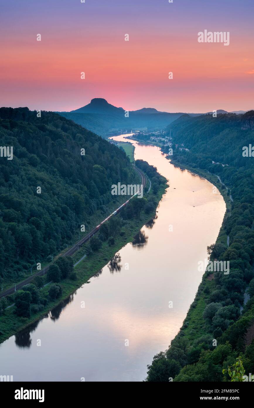 Germany, Saxony, near Schmilka, Saxon Switzerland National Park, Elbe Sandstone Mountains, view of the Elbe at sunset, behind the Lilienstein Stock Photo