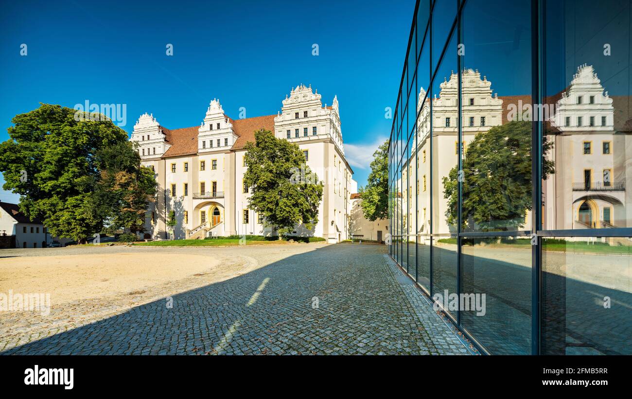 Glass facade of the Burgtheater, Ortenburg reflected, Bautzen, Upper Lusatia, Saxony, Germany Stock Photo