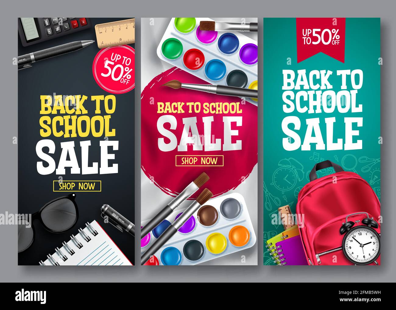 Back to school sale vector poster set. Back to school educational