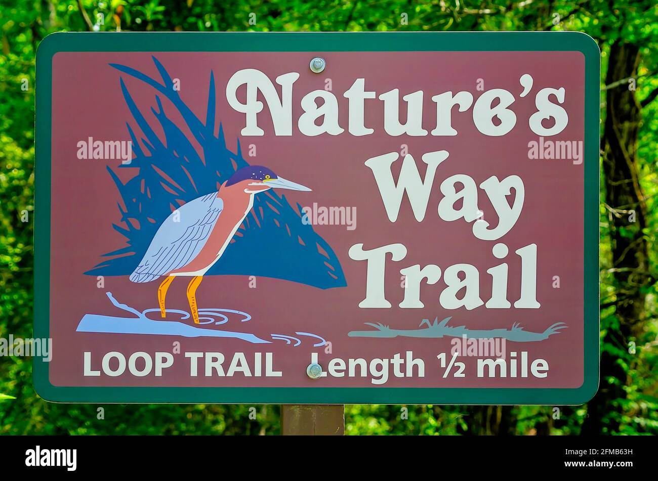 A sign for Nature’s Way Trail is pictured at Gulf Islands National Seashore, May 1, 2021, in Ocean Springs Mississippi. Stock Photo