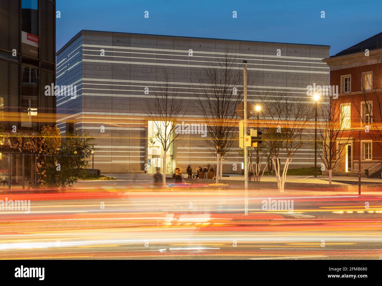 Bauhaus Museum Weimar at dusk, light trails from cars, Weimar, Thuringia, Germany Stock Photo