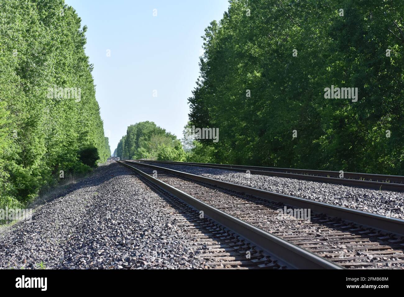 Looking down an angled view of a railroad track in rural United States