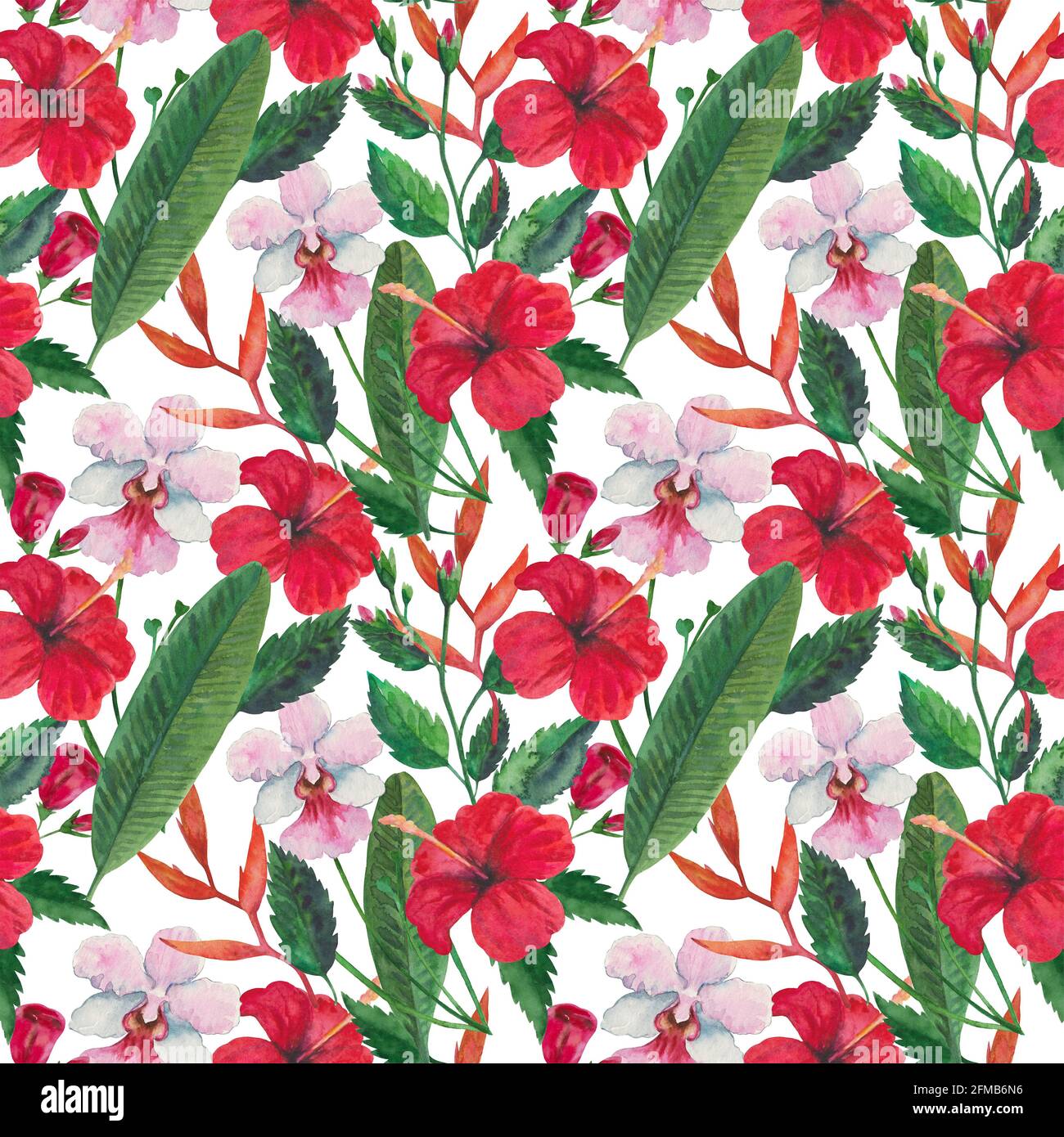 Tropical seamless pattern with red hibiscus flowers, orchids and leaves ...