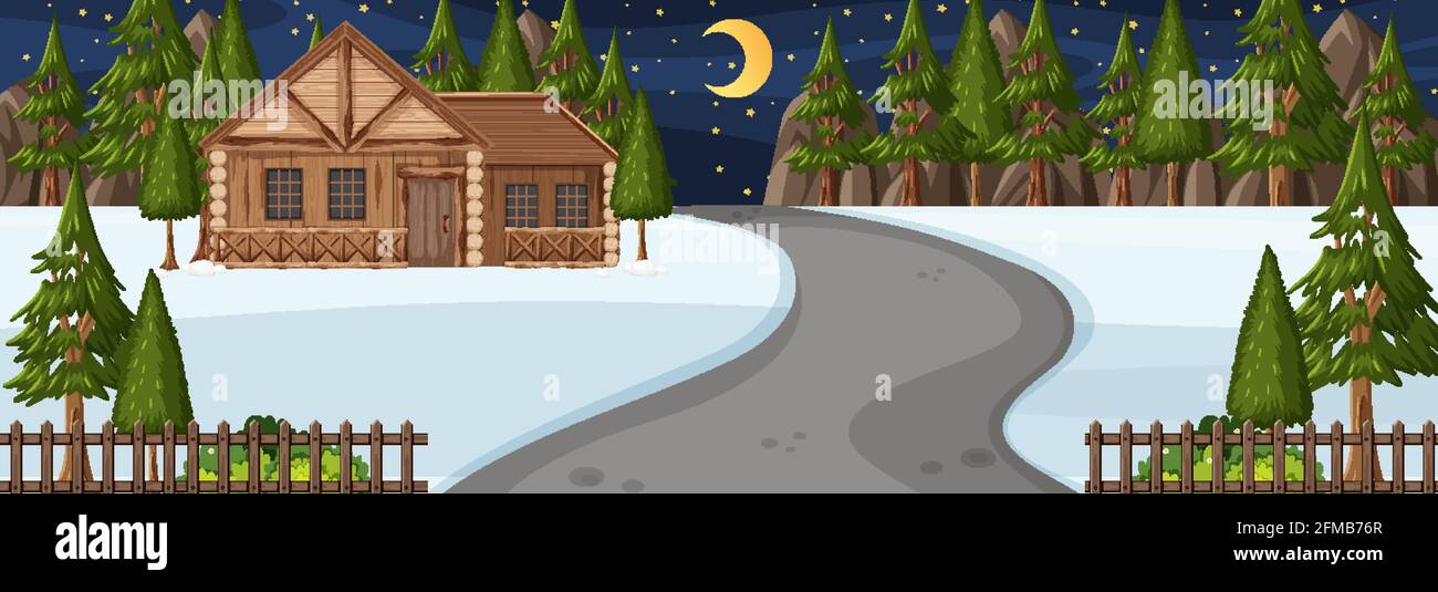 Winter season with road through the park at night time horizontal scene ...