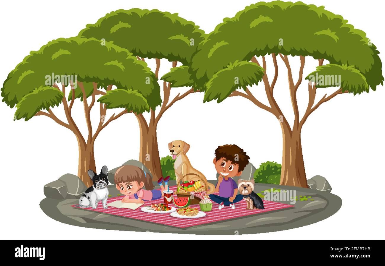 Children doing picnic in the park with many trees illustration Stock
