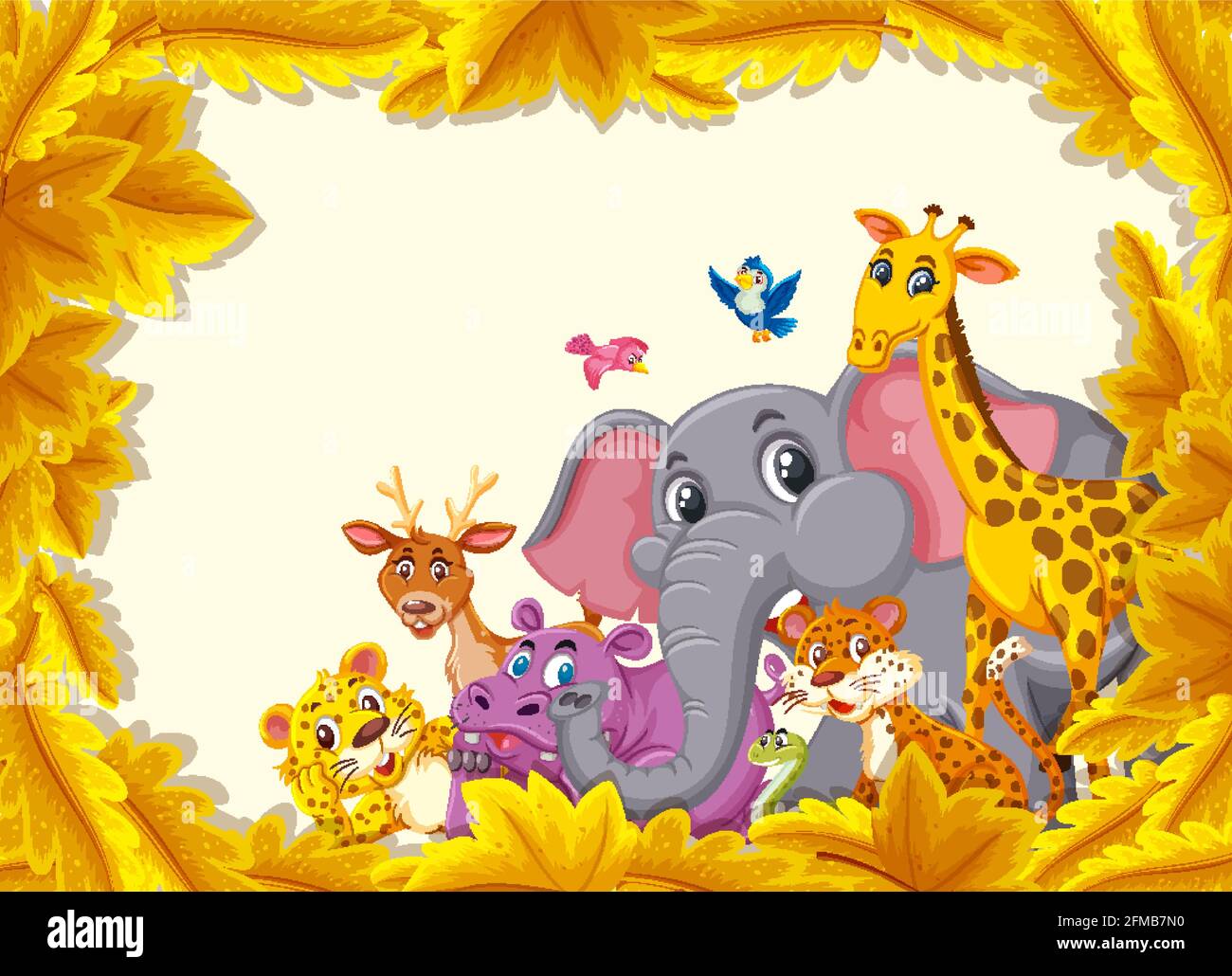 Yellow leaves banner template with wild animals illustration Stock ...