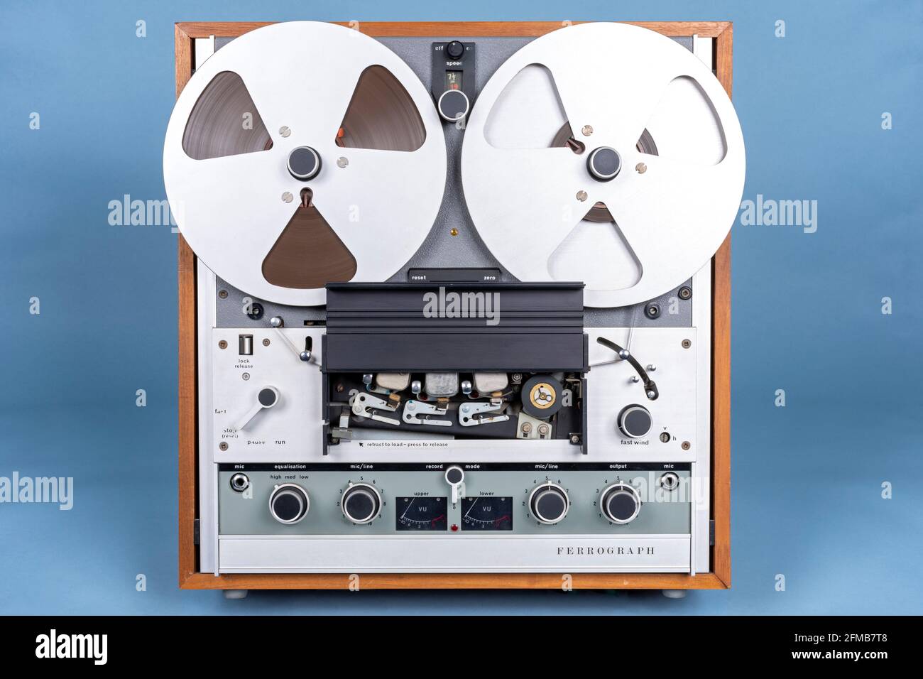 Ferrograph Series 7 reel-to-reel tape recorder.  Built late 1960s-early 1970s.  Shown with recording heads cover open. Stock Photo