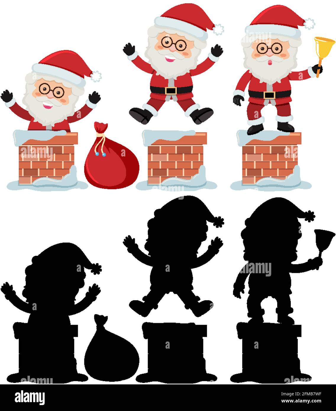 Set of Santa Claus cartoon character with silhouette illustration Stock ...