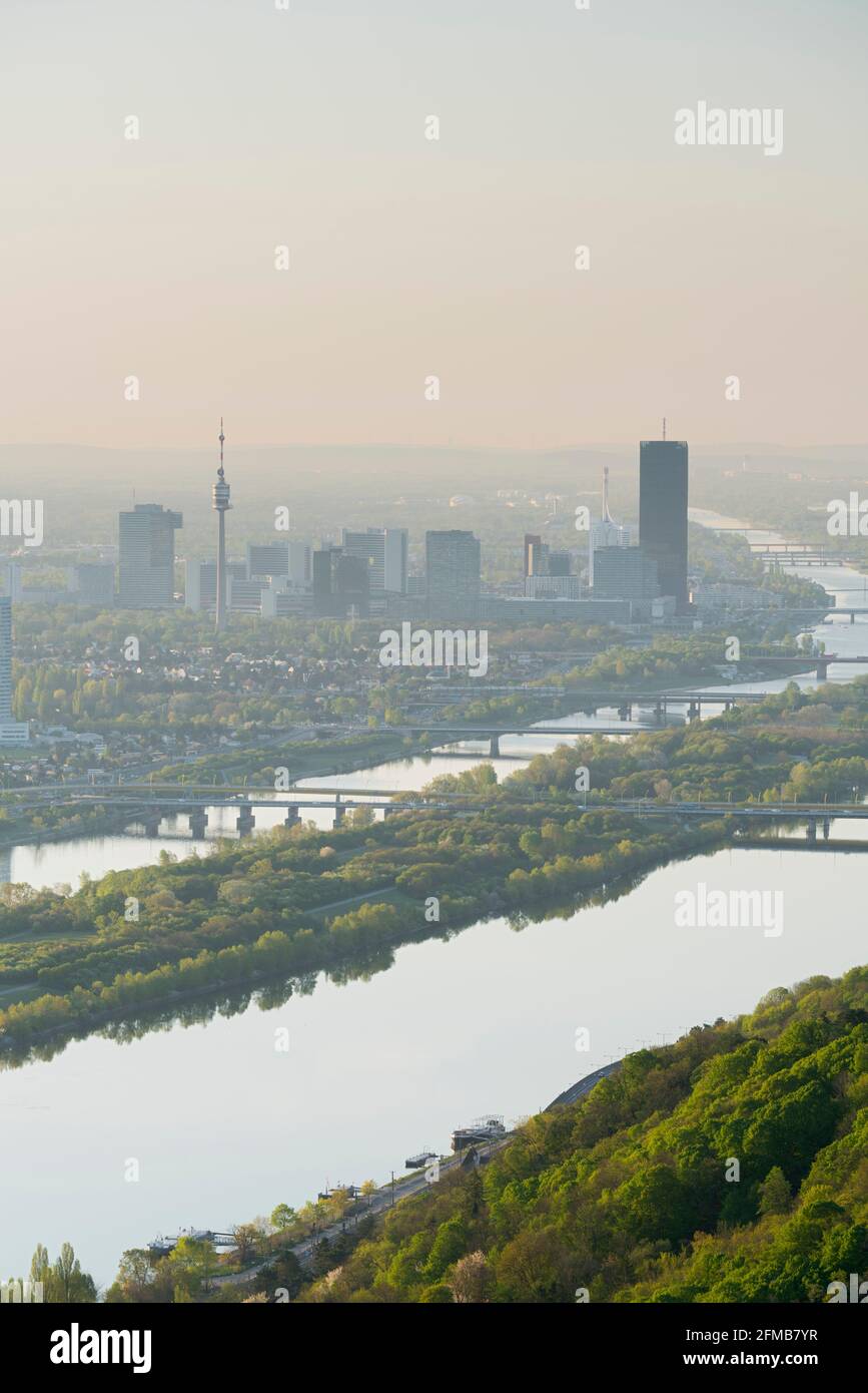 View from Kahlenberg over Vienna, Donaucity, Danube Island, sunrise, Austria Stock Photo