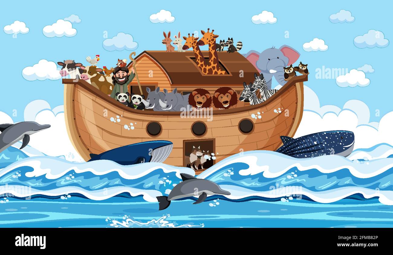 Animals On Noah s Ark Floating In The Ocean Scene Illustration Stock 