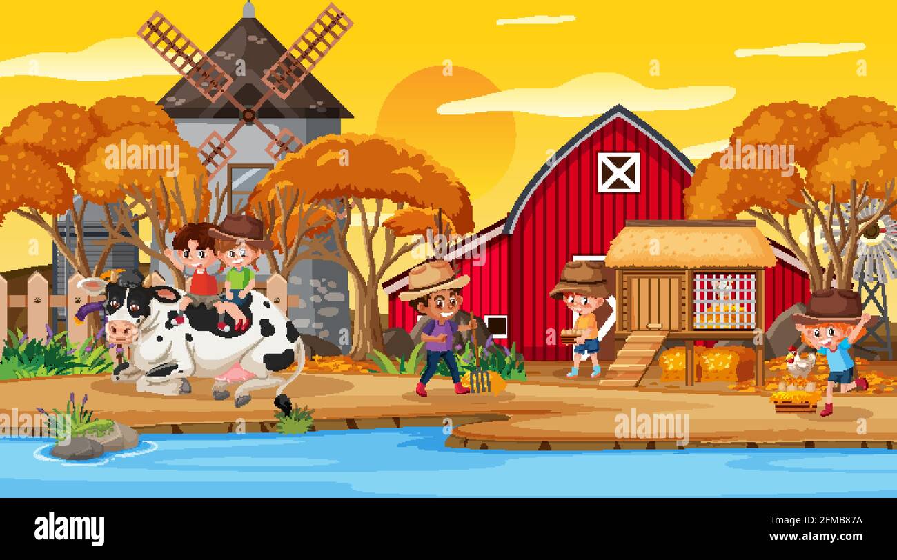 Farm scene with many kids cartoon character and farm animals ...