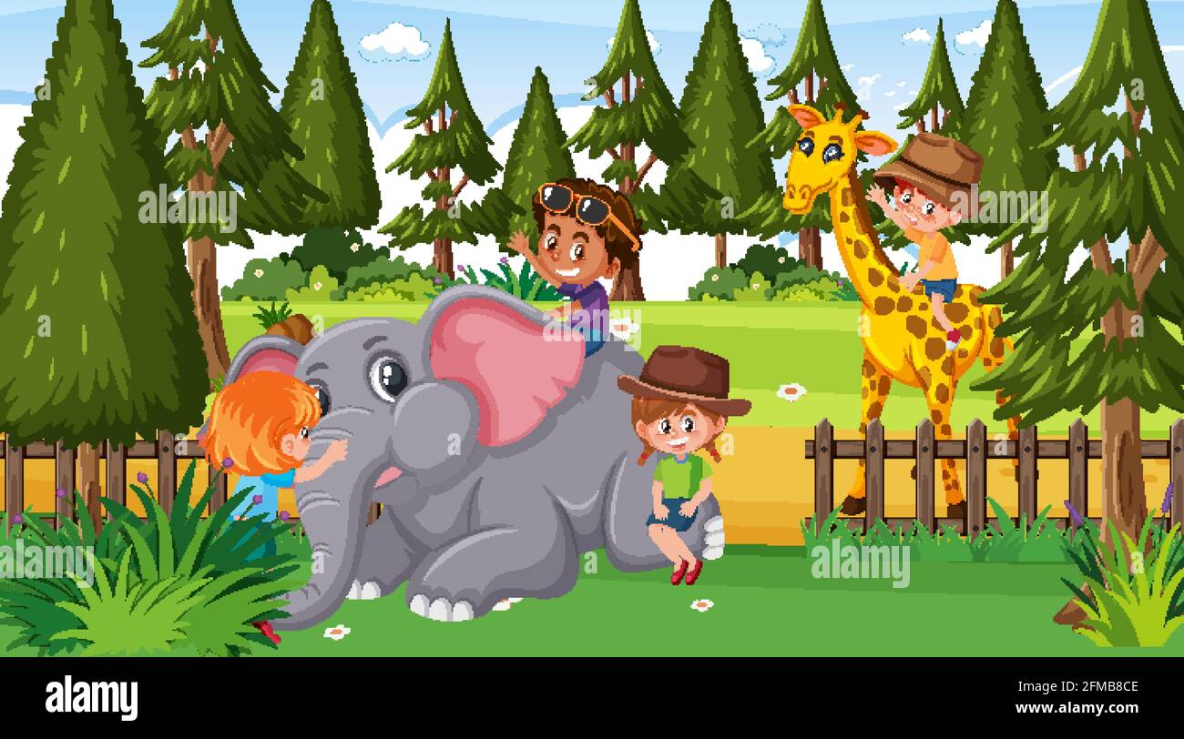 Zoo scene with many kids playing with zoo animals illustration Stock ...