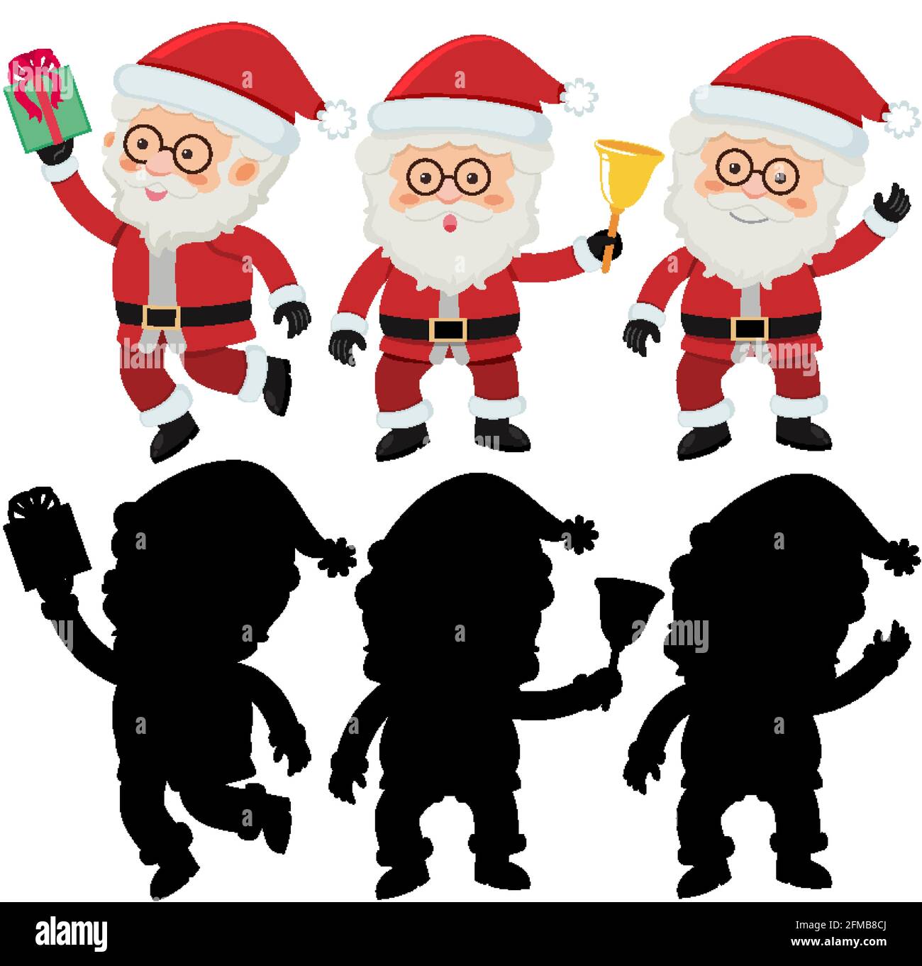 Set of Santa Claus cartoon character with silhouette illustration Stock ...
