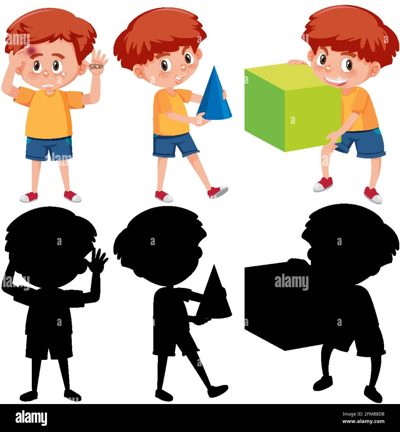 Set of a boy holding different math tools with silhouette illustration ...