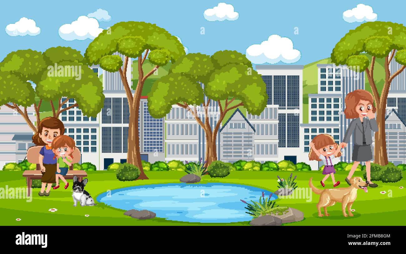 Scene with many people in the park at day time illustration Stock ...