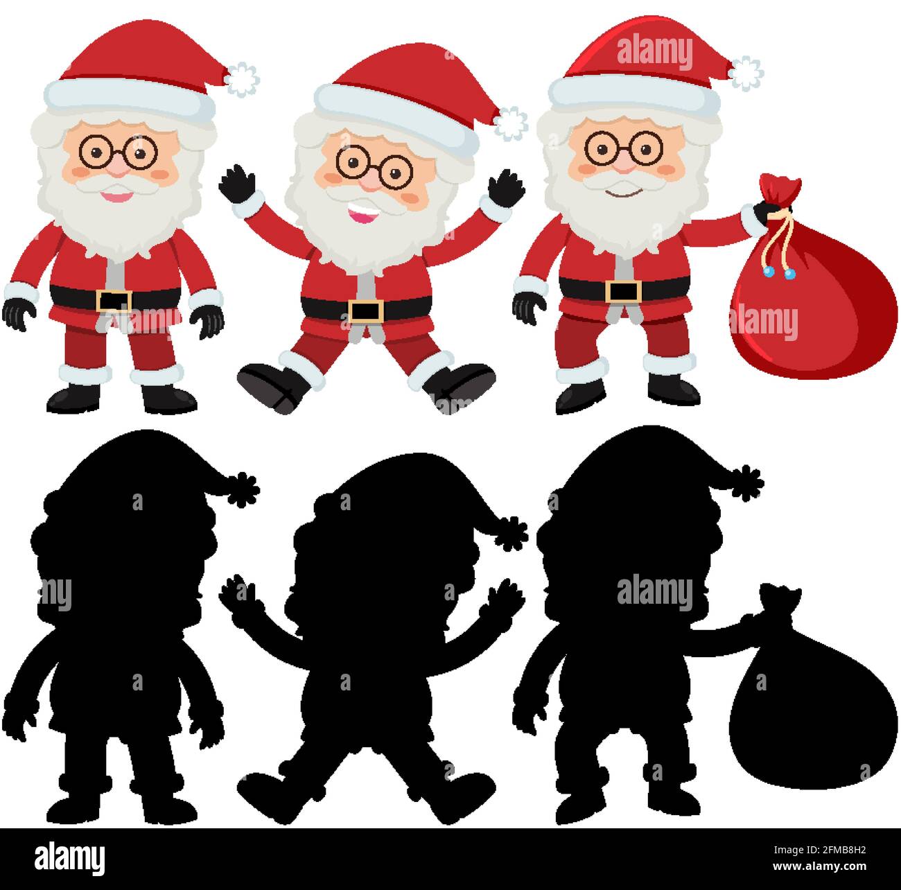 Set of Santa Claus cartoon character with silhouette illustration Stock ...