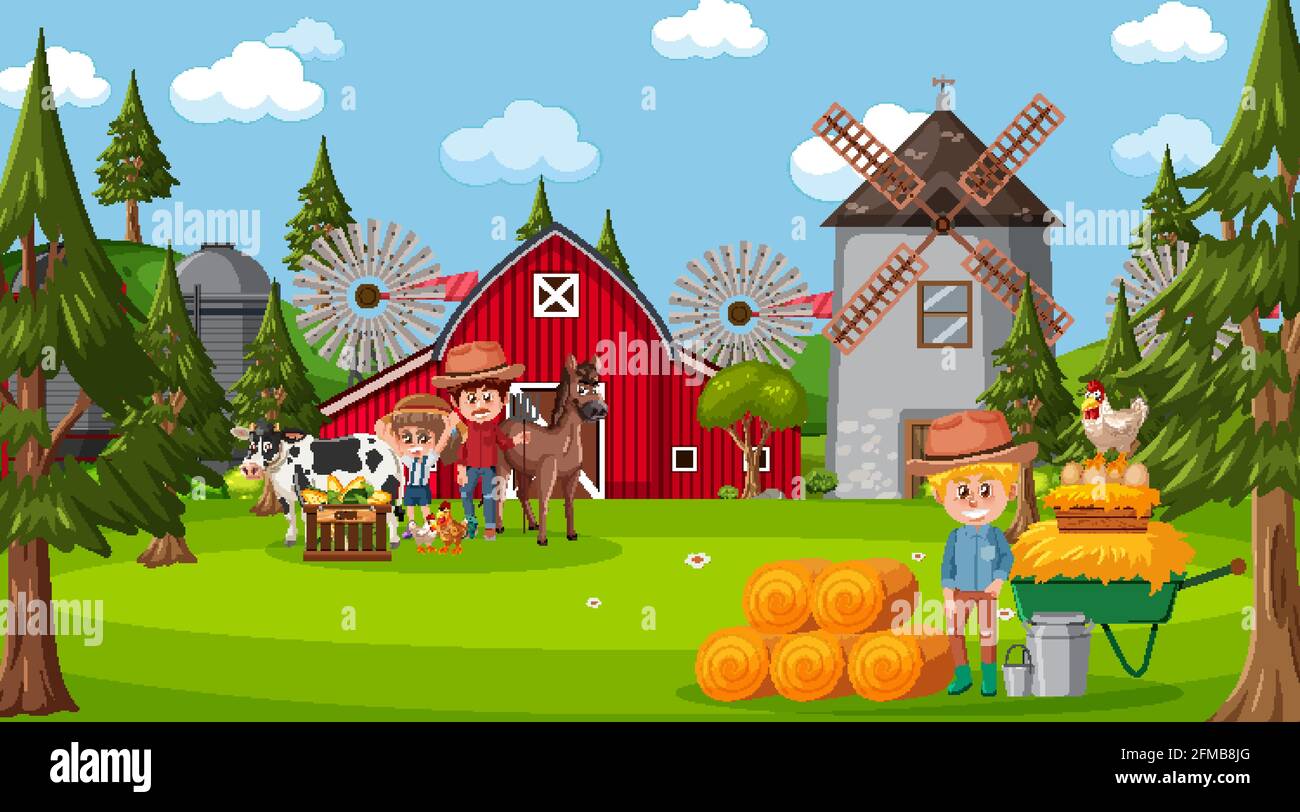 Farm scene with many kids and farm animals illustration Stock Vector ...