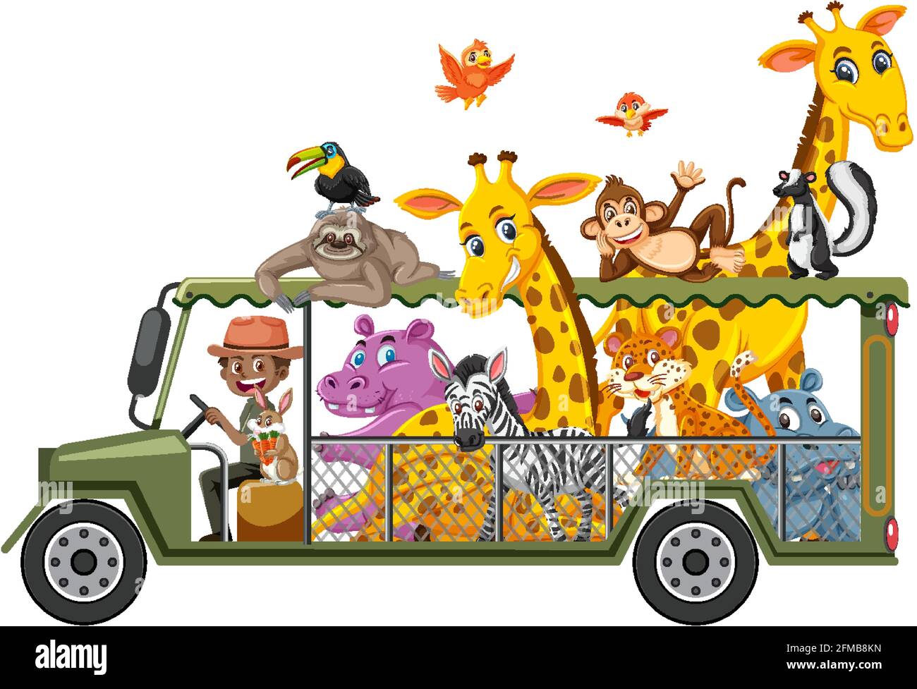 Zoo concept with wild animals in the car isolated on white background