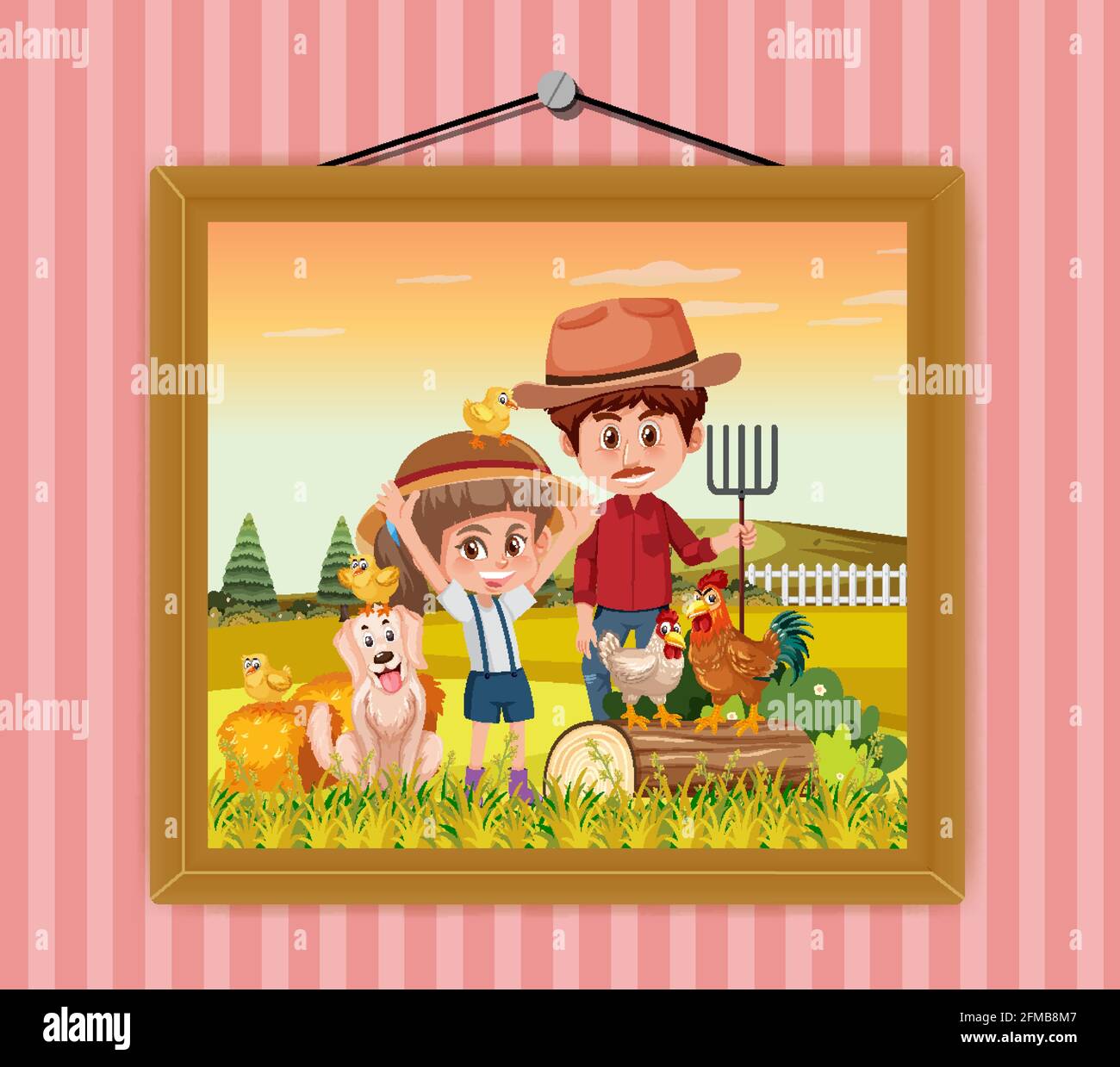 A picture of Dad and daughter in the farm scene hanging on the wall illustration Stock Vector