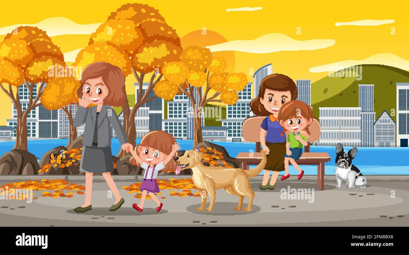 Scene with many people in the park at sunset time illustration Stock ...