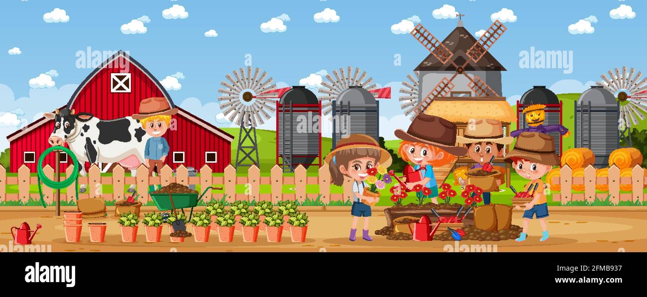 Farm outdoor scene with many children illustration Stock Vector Image ...