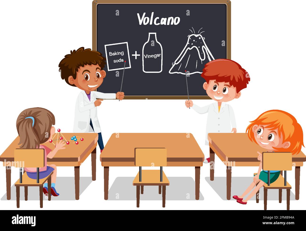 Young students explaining volcano experiment in the classroom scene illustration Stock Vector