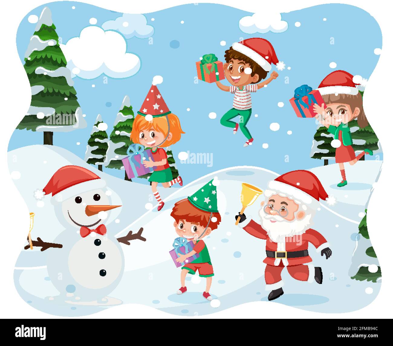 Merry Christmas scene with Santa Claus playing eith many chldren in snow scene illustration Stock Vector