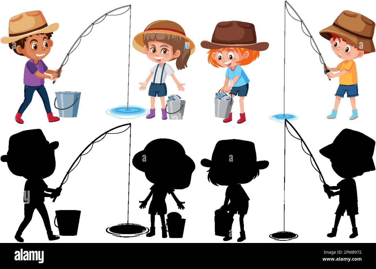 Set of different kids fishing fish cartoon character on white