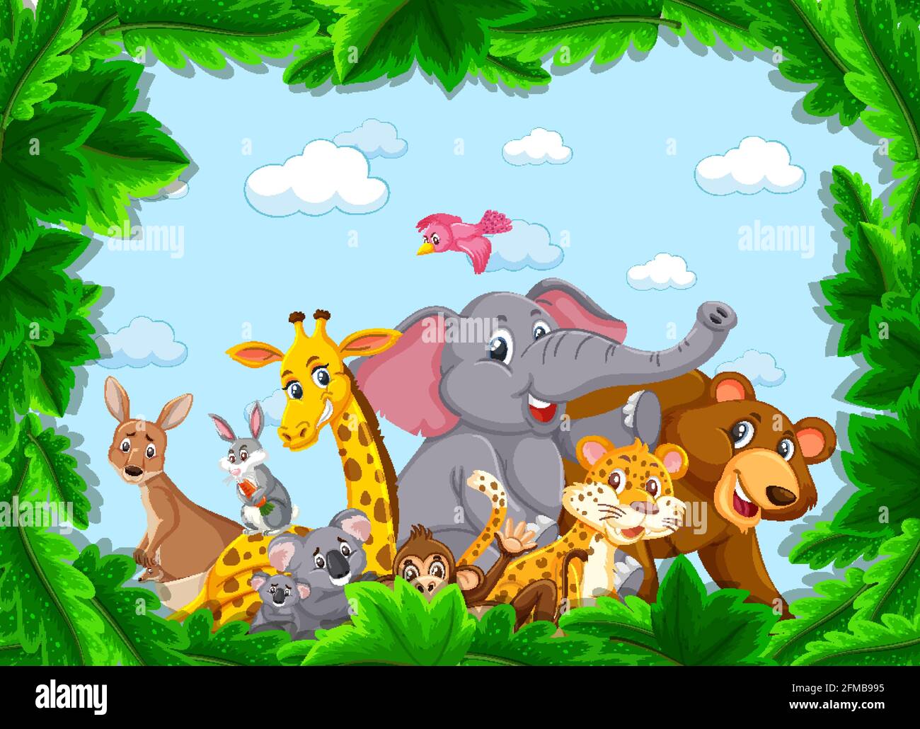 Wild animals group in the forest frame illustration Stock Vector Image ...