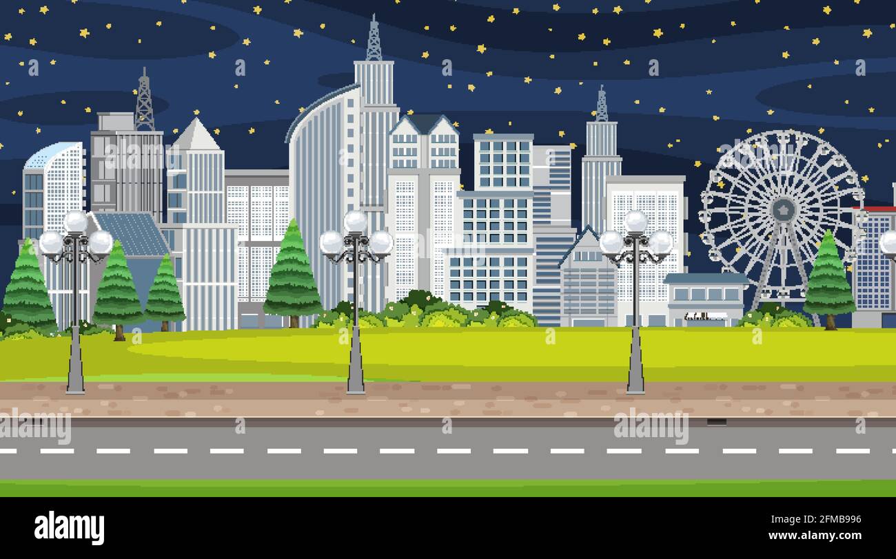 Town scene at night with many buildings along the road illustration ...