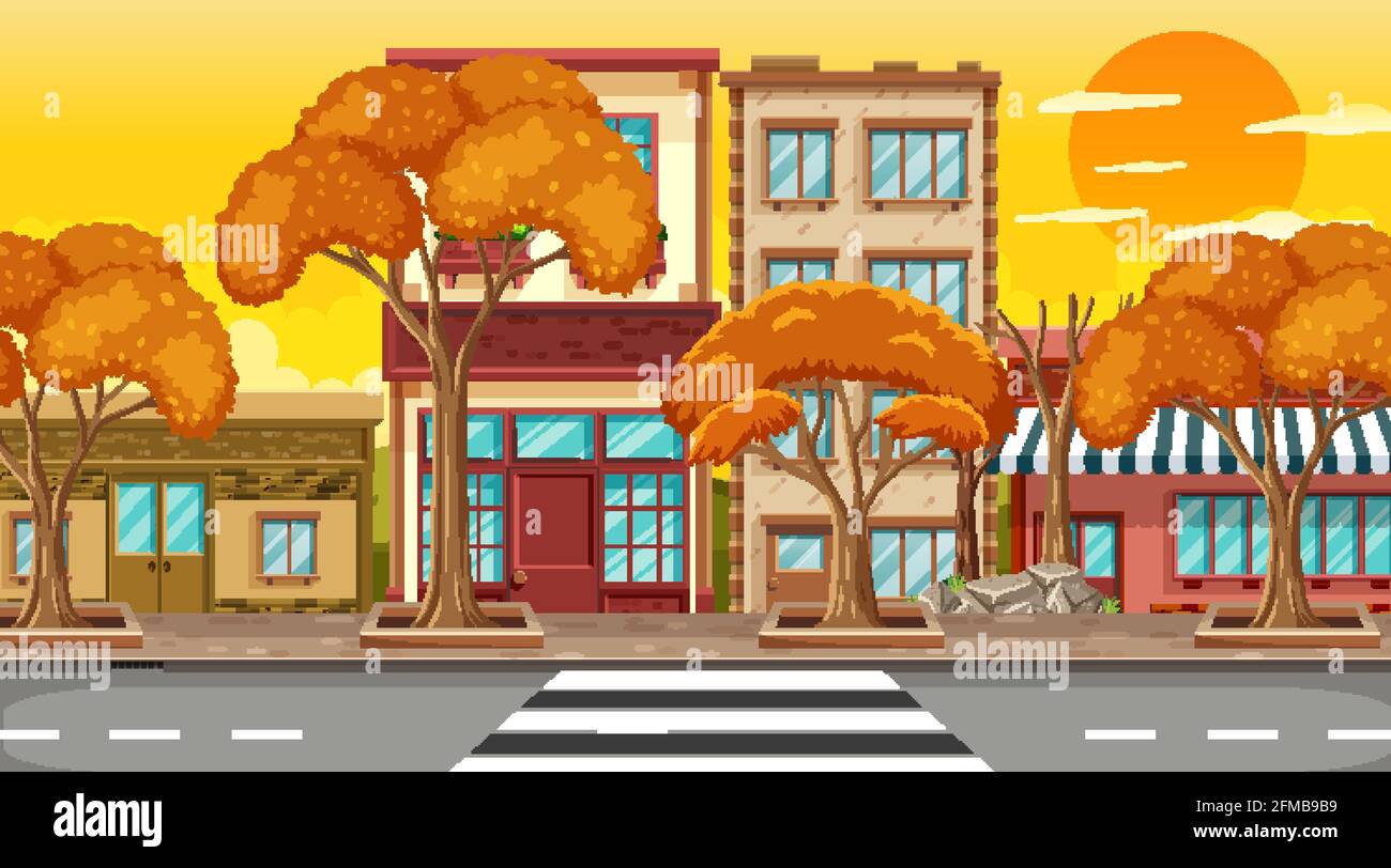 Many buildings in the town scene at sunset time illustration Stock ...