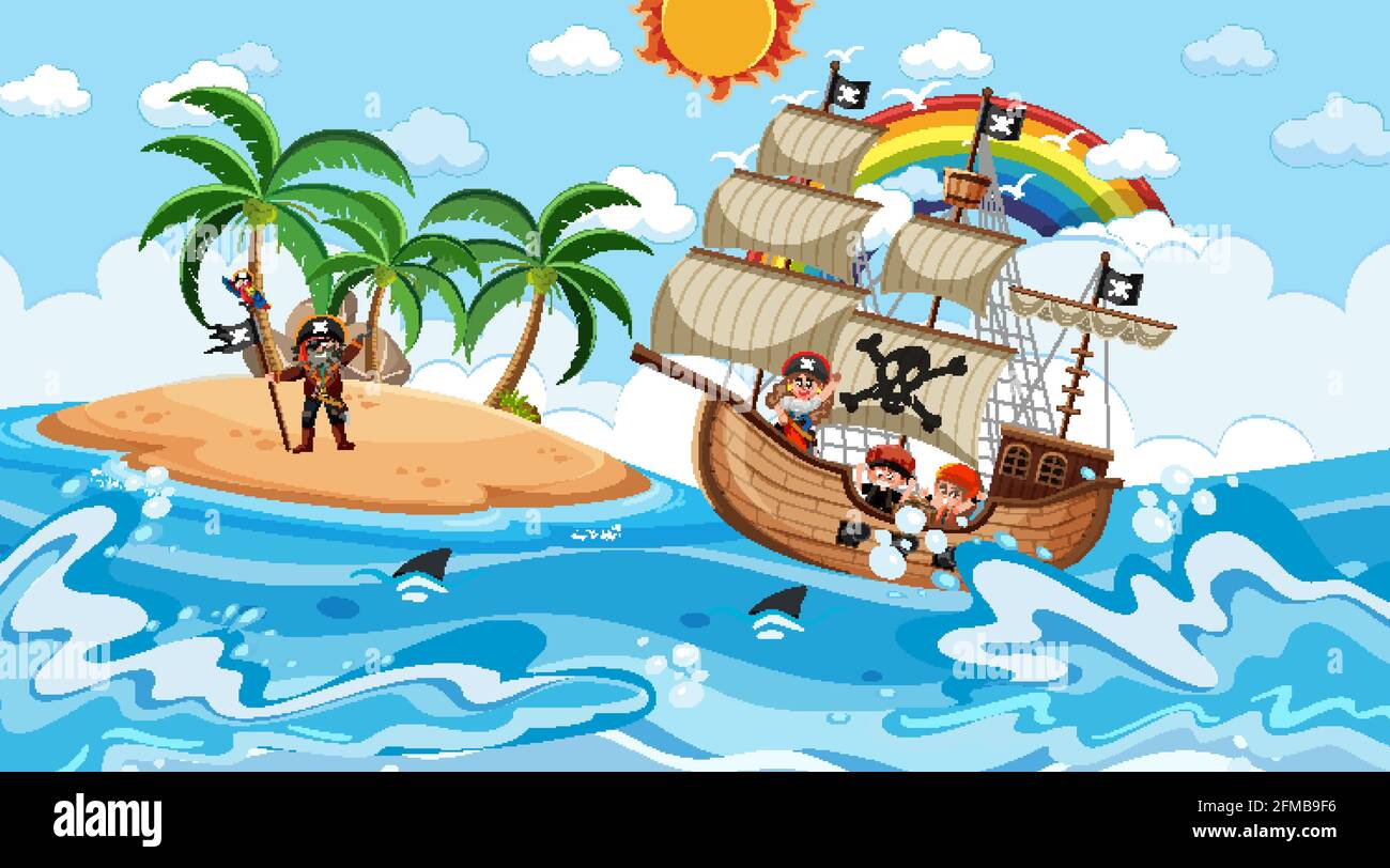 Beach with Pirate ship at daytime scene in cartoon style illustration ...