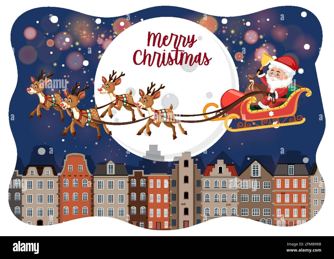 Merry Christmas font with Santa Claus on a sleigh in snow scene illustration Stock Vector