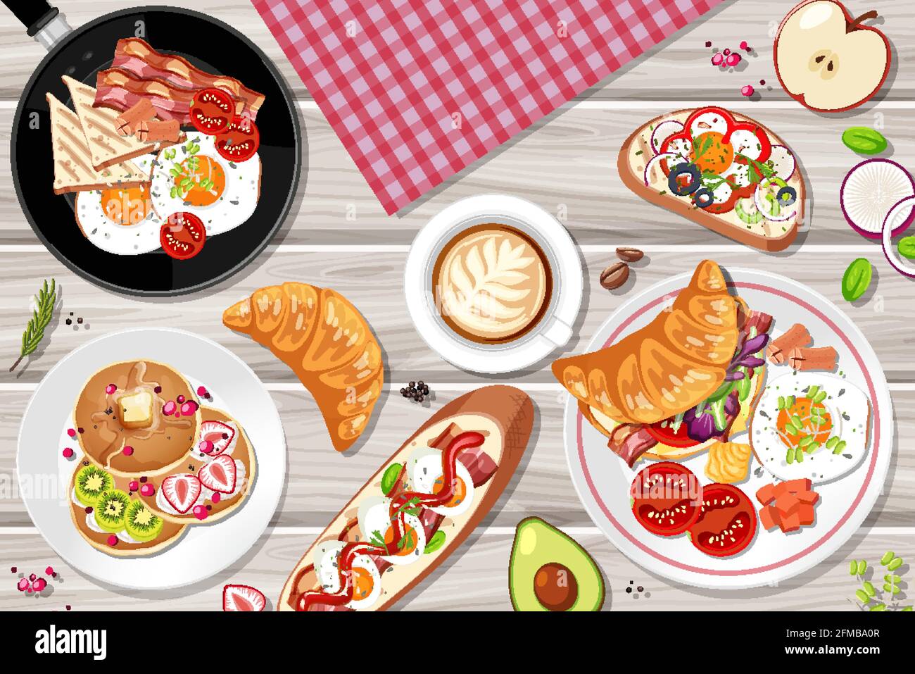 Top view of breakfast set on the table illustration Stock Vector Image ...