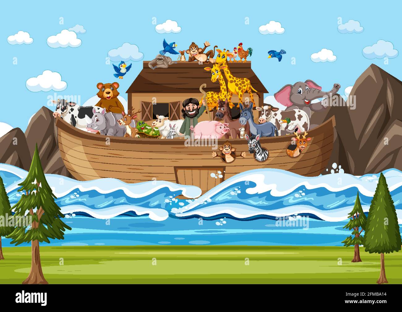 Noah s Ark Floating With Many Animals In The Ocean Scene Illustration 