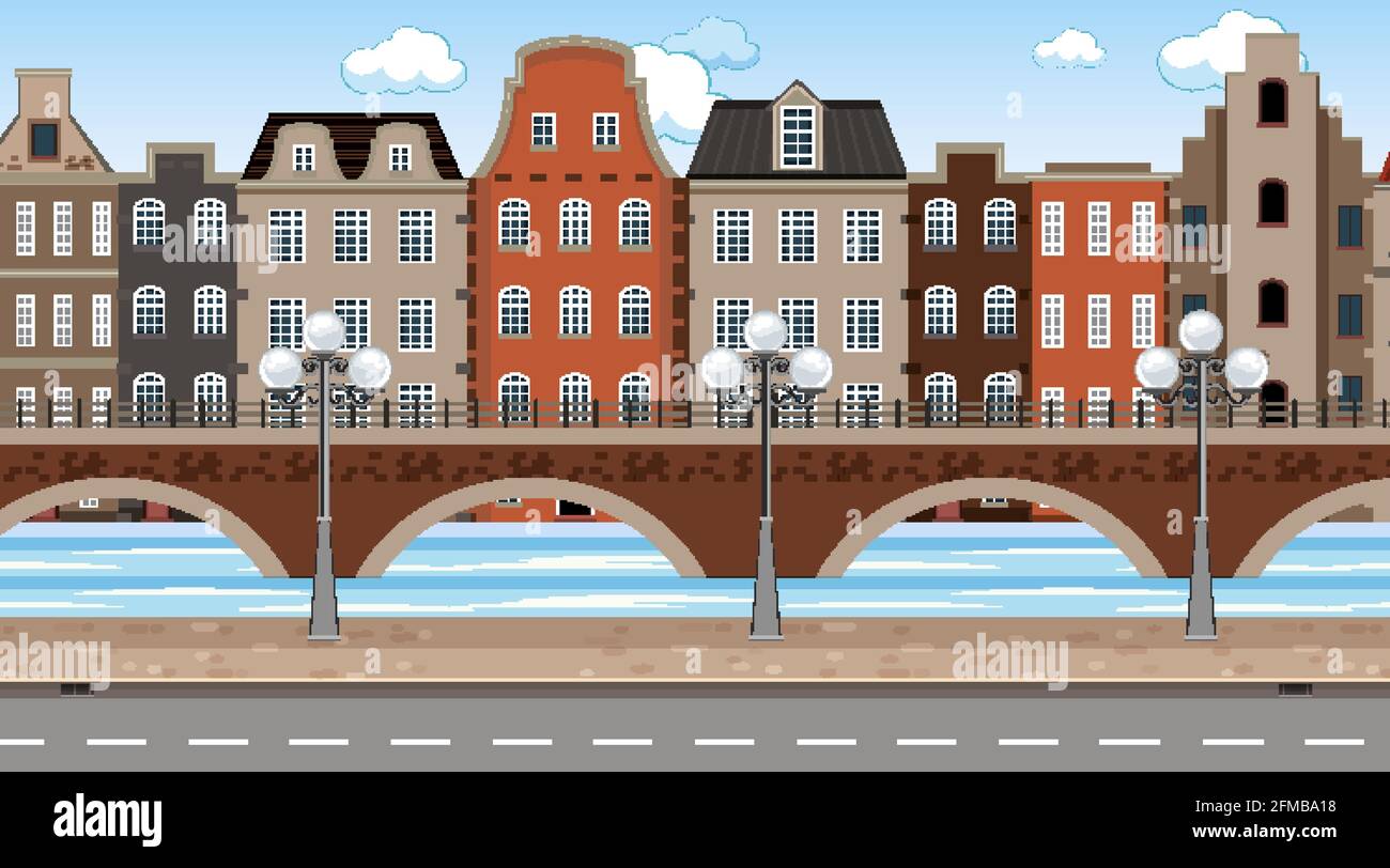 Scene with many buildings along the street illustration Stock Vector ...
