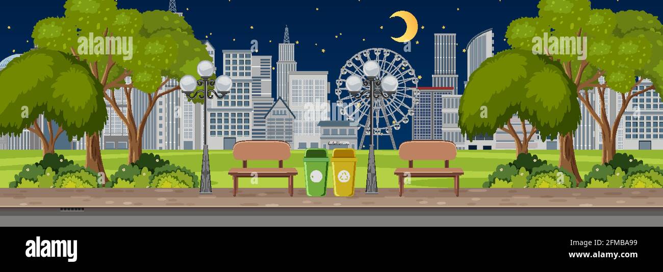 City park at night time horizontal scene illustration Stock Vector ...