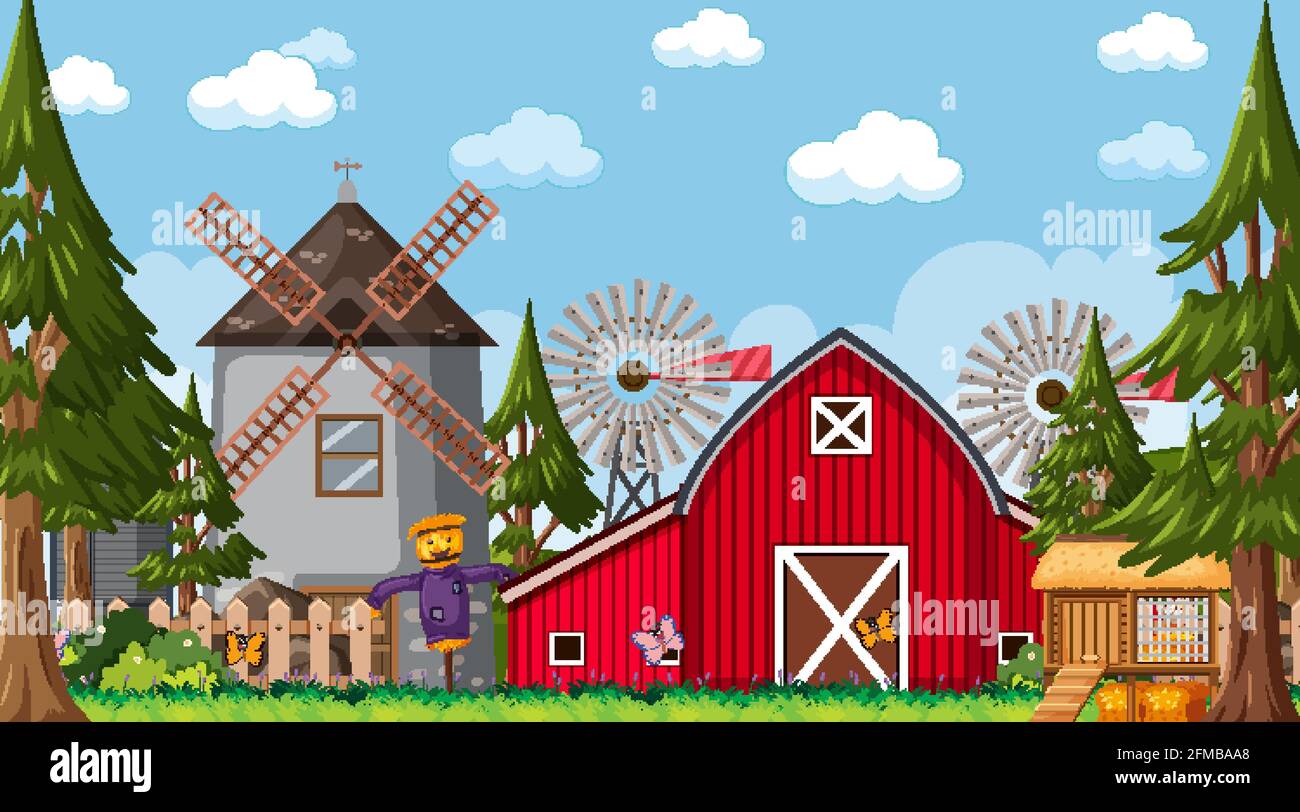 Empty farm scene with red barn and windmill illustration Stock Vector ...