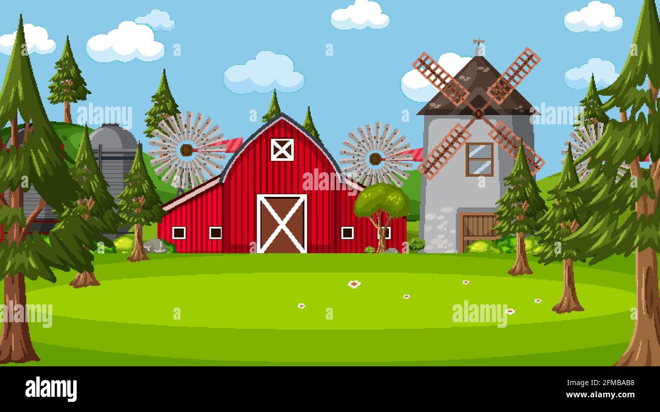 Farm scene in nature with barn and windmill illustration Stock Vector ...